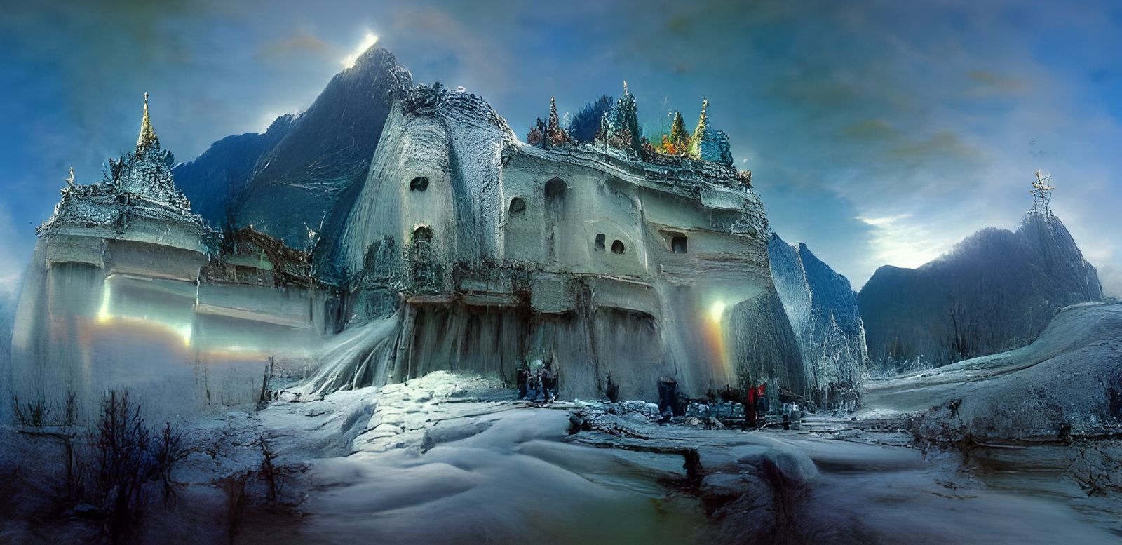 Icy Mountain Palace Under Northern Lights