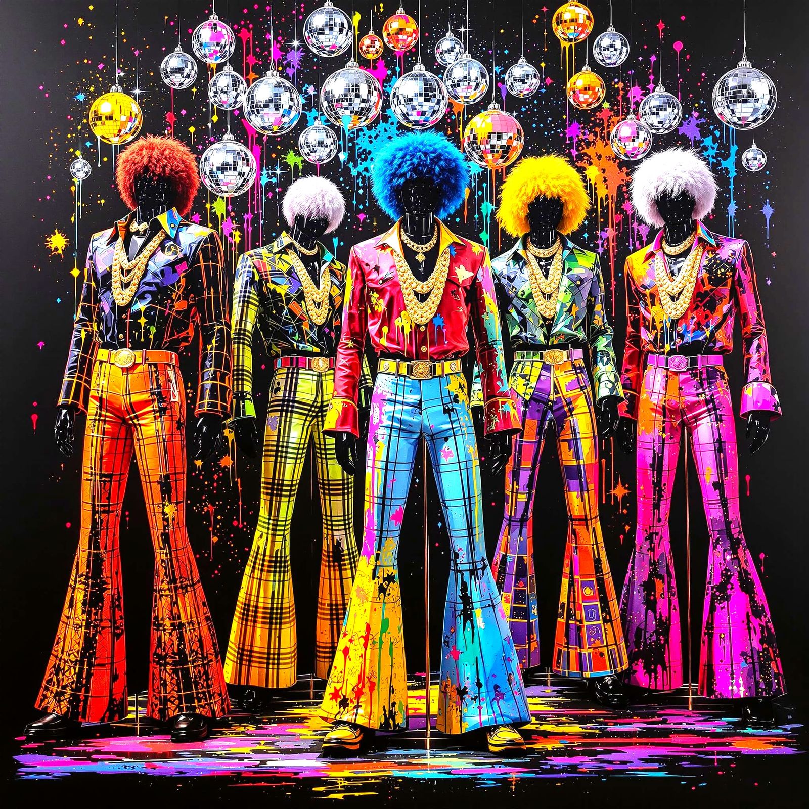 1970s Disco Fashion Display with Vibrant Colors