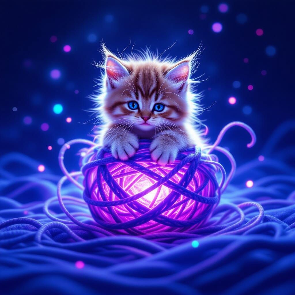 Fluffy Kitten in Ethereal Yarn, Floating in Cosmic Void