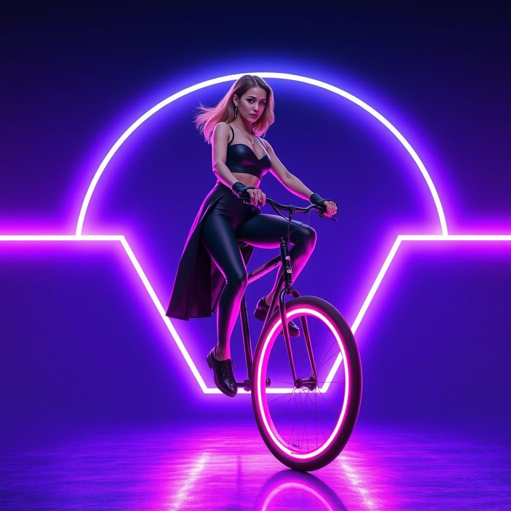 Woman on Unicycle Surrounded by Neon Lights in Cyberpunk Sty...