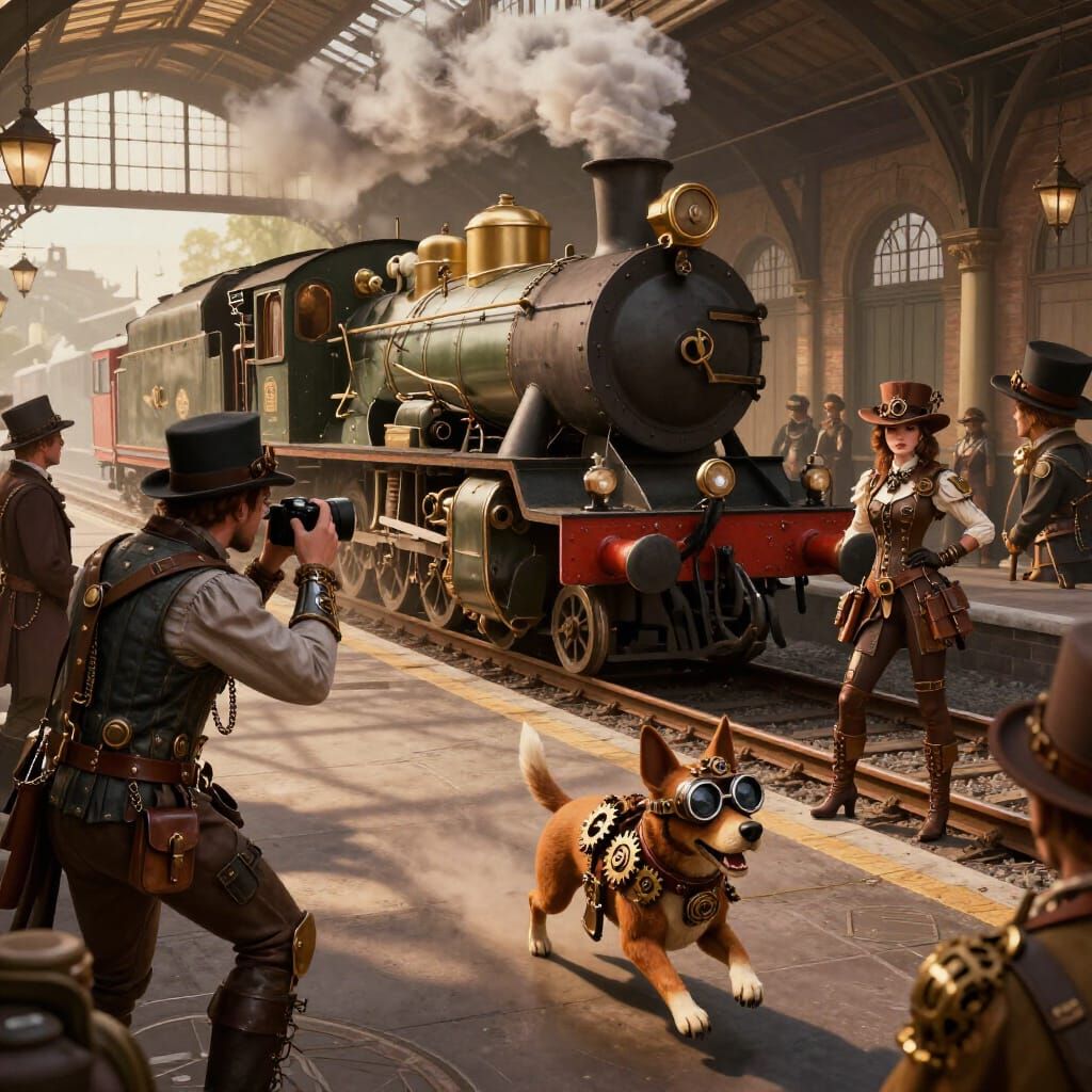 Steampunk Train Arrives at Grand Station