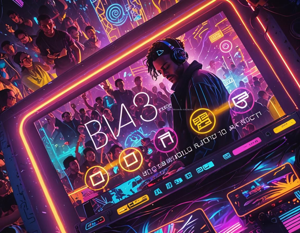DJ in Neon Warehouse: Vibrant Digital Art