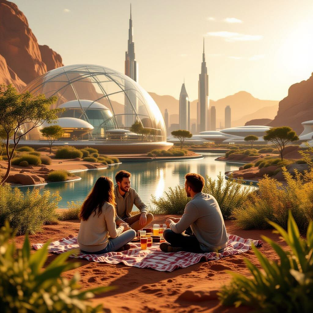Futuristic Martian Family Picnic Under Dome
