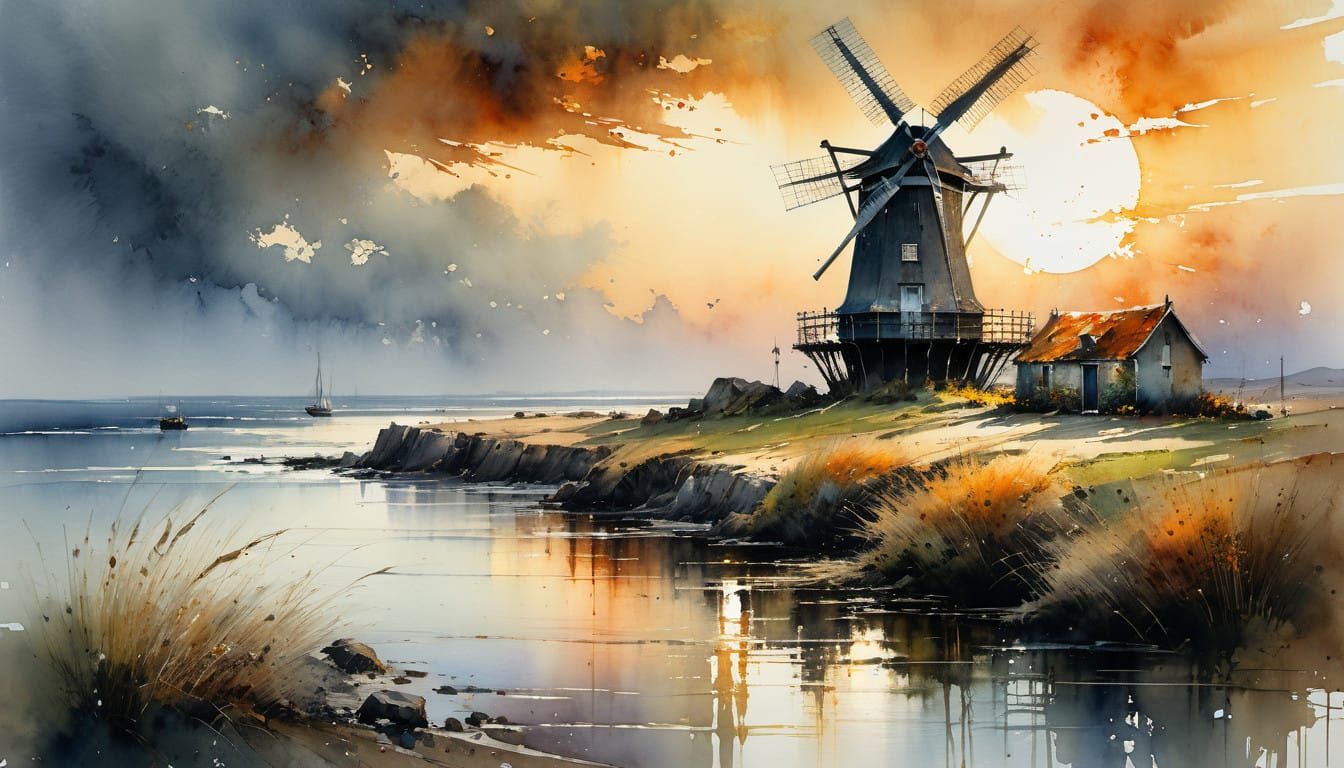 Earth-Toned Dutch Windmill in Dramatic Sunset