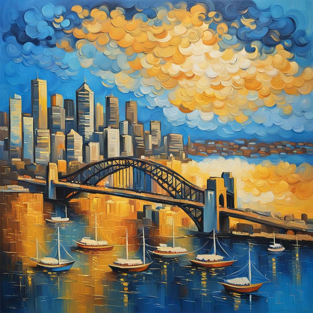 Vibrant Sydney Cityscape at Sunset in Post-impressionist Oil