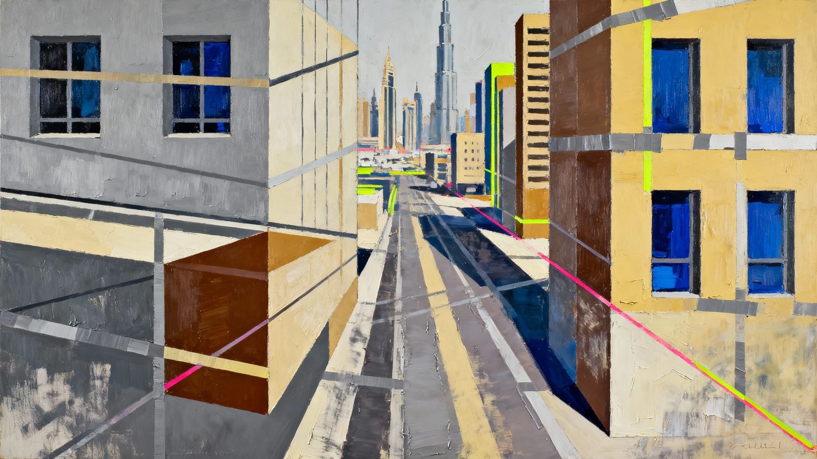 Dubai City in Cross Section: Geometric Abstraction Painting