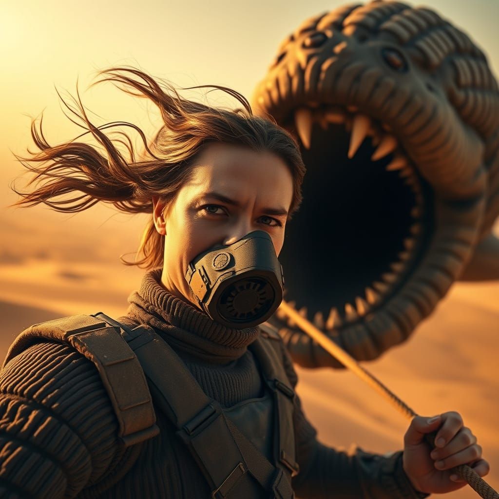 Dune Character in Stillsuit Amidst Desert Landscape