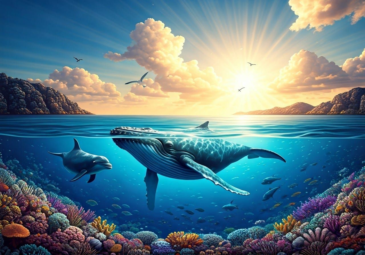 Whale and Dolphin in a Dreamy Ocean Scene