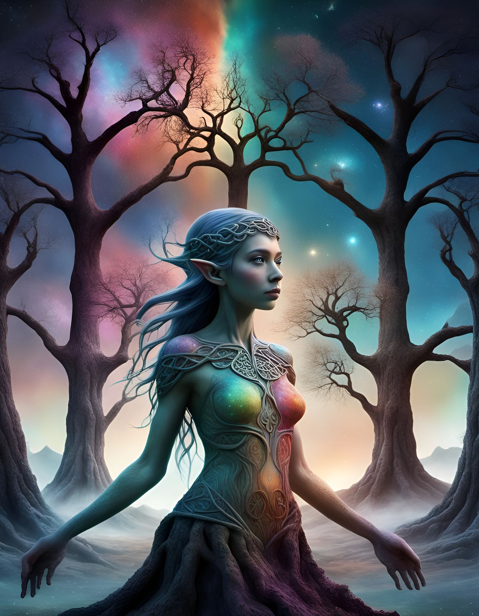 Kaleidoscopic Elf Goddess in Surreal Landscape