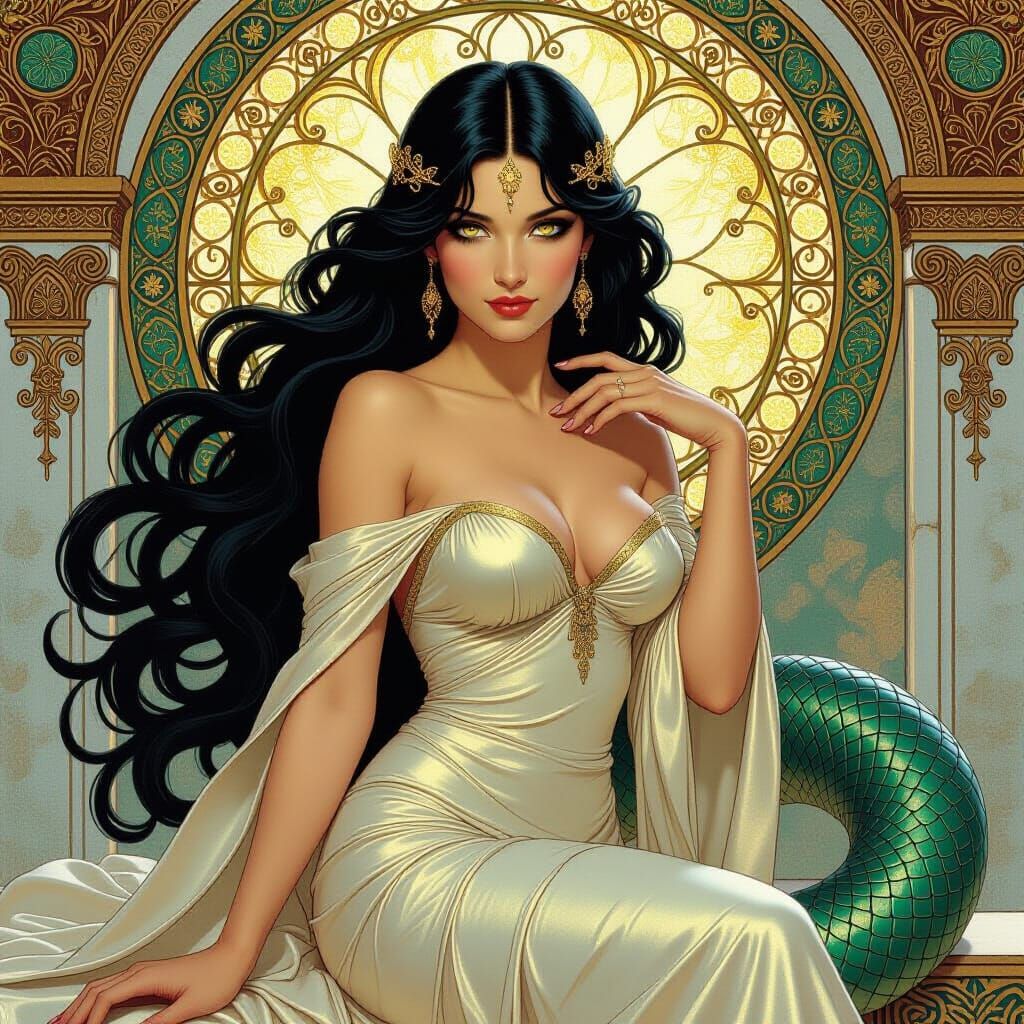 Sensual Lamia in Ancient Temple, Art Nouveau Style