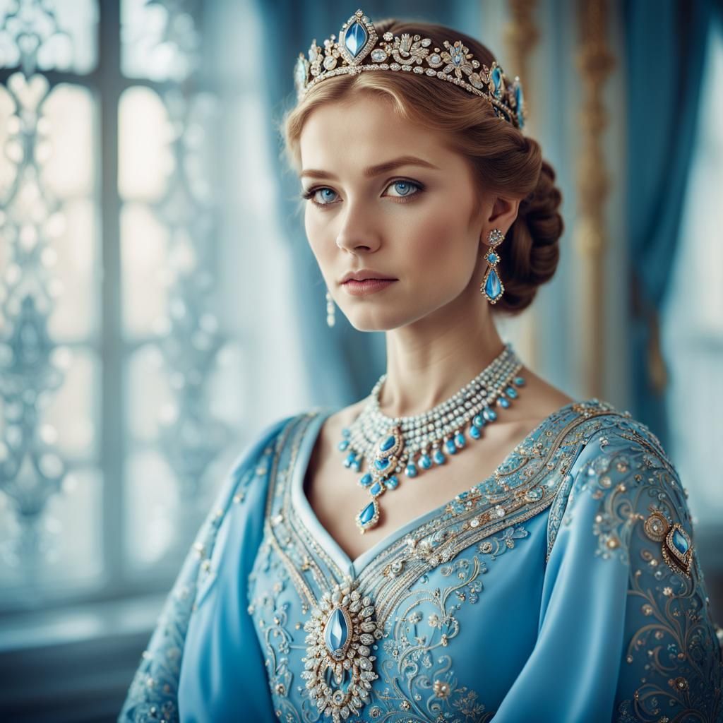 Slavic Princess in Light-Blue Dress with Jewelry