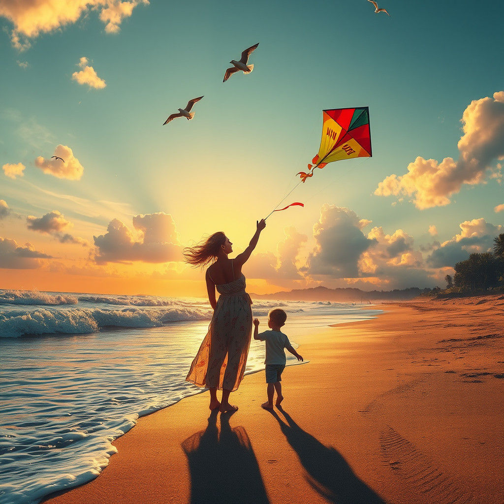 Sunset Beach Kite Flying: Matte Painting Style