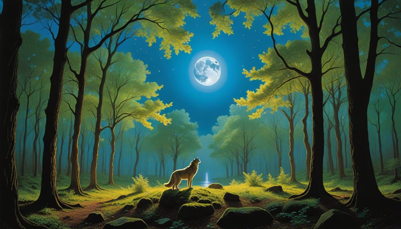 Majestic Wolf and Falcon in Lunar Forest Glade