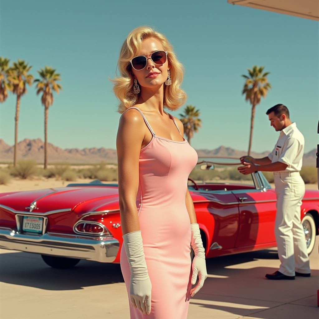 Distressed Blonde Woman Waits for Servicing at Retro Arizona...