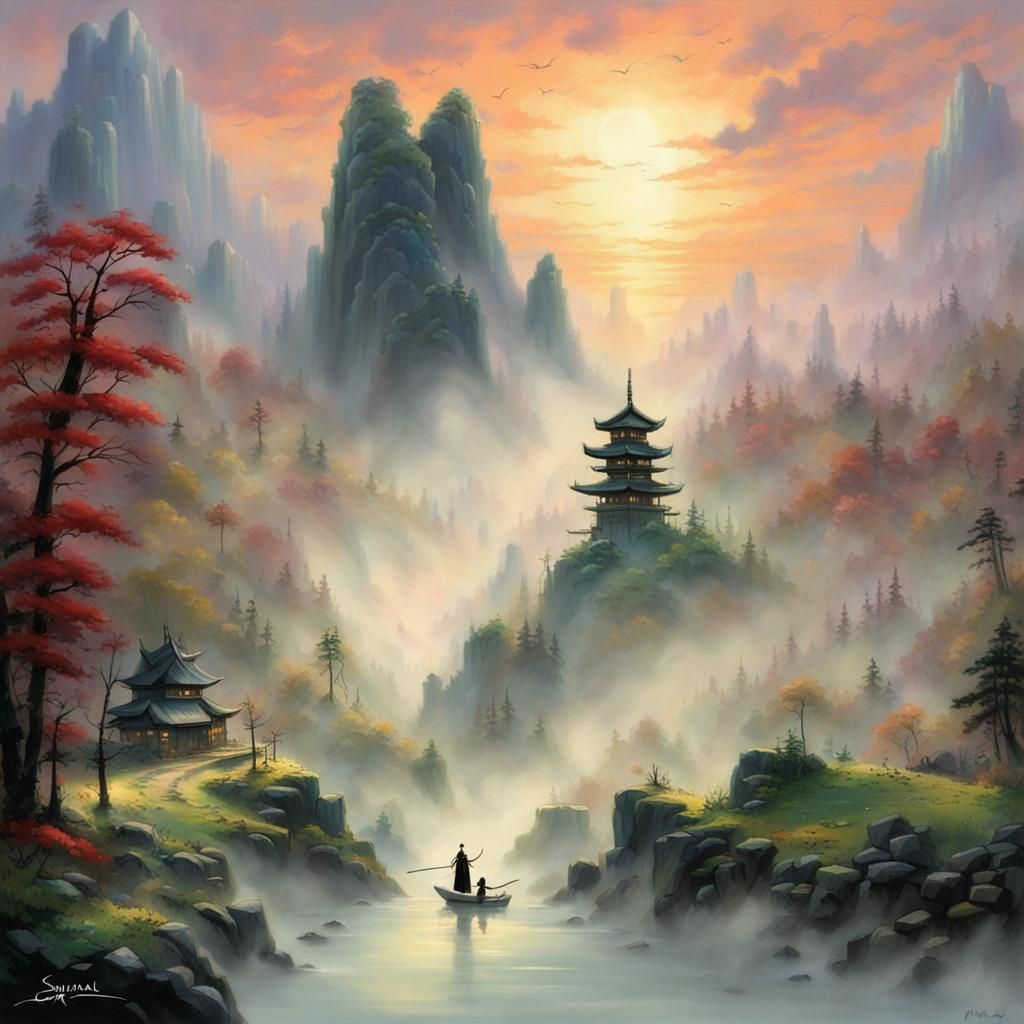 Samurai Jack in Ethereal Fantasy Landscape