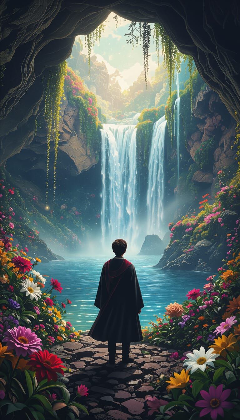 Harry Potter in Grotto, Surreal Holographic Illustration