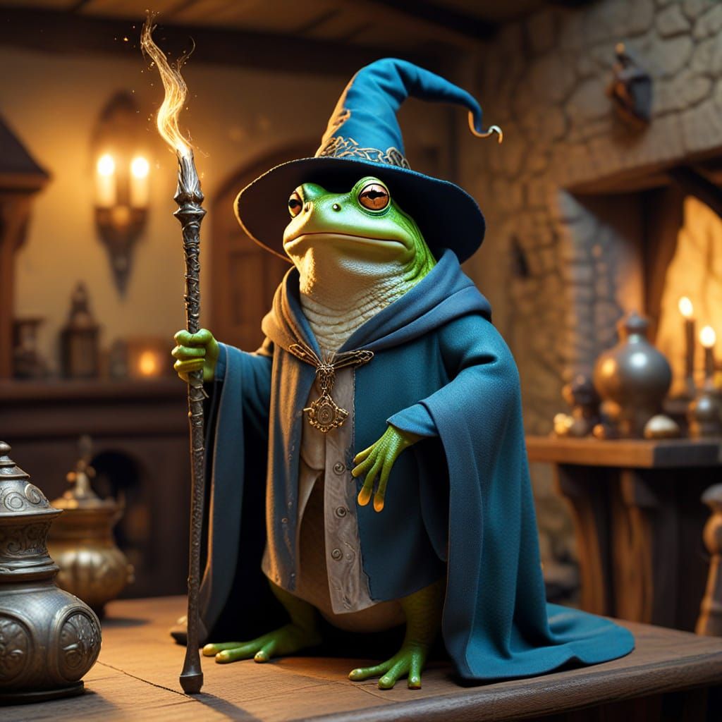 Shocked Wizard Frog in Medieval Home
