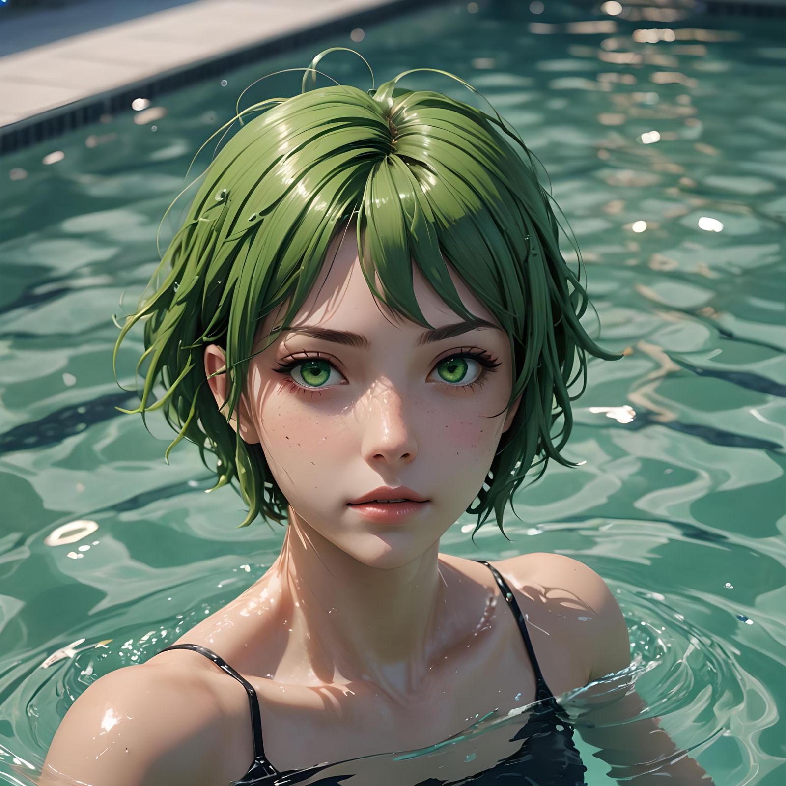 Anime Girl with Green Eyes in 3D Art