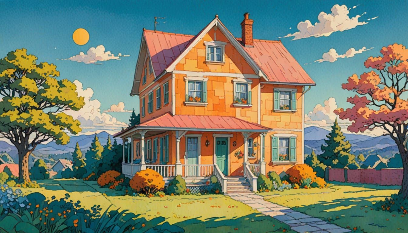 Cheerful Block House Bathed in Golden Afternoon Sun