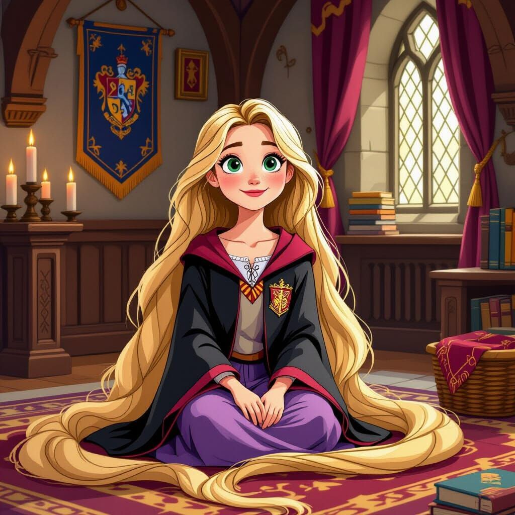 Rapunzel in Gryffindor Robes at Hogwarts
