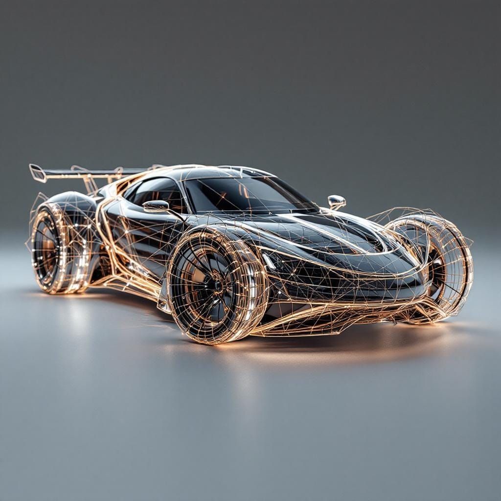 Sleek Wire Car Sculpture with Cinematic Lighting