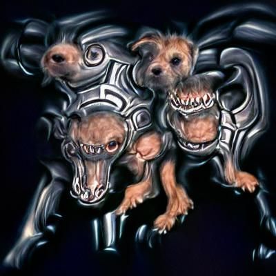 Biomechanical Cerberus on Cartoon Landscape