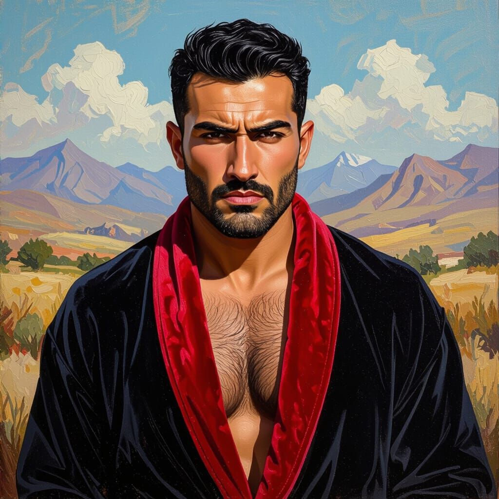 Wrathful Hunk in Velvet Bathrobe: Impasto Portrait