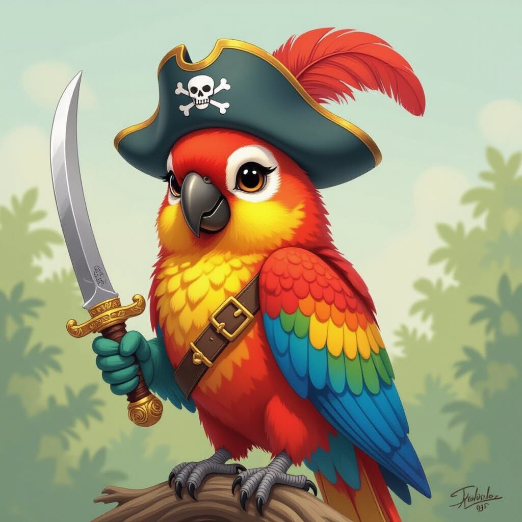 Pirate Parrot with Sword in Beatrix Potter Style