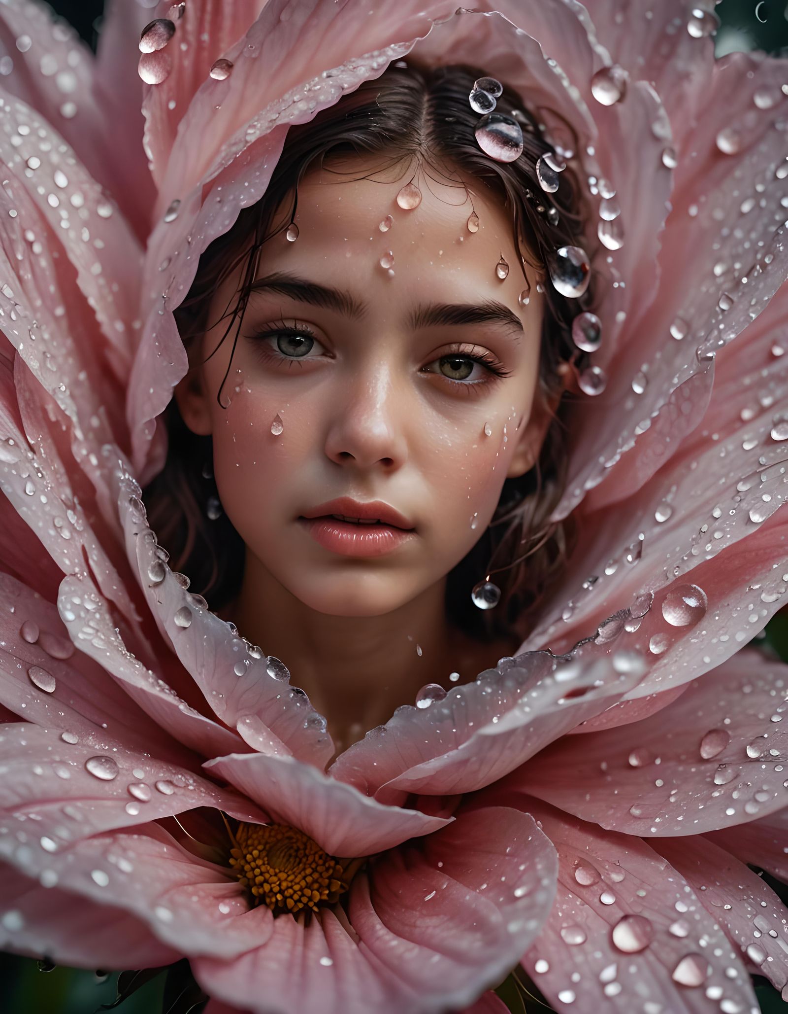 Miniature Woman on Dewy Flower Petal