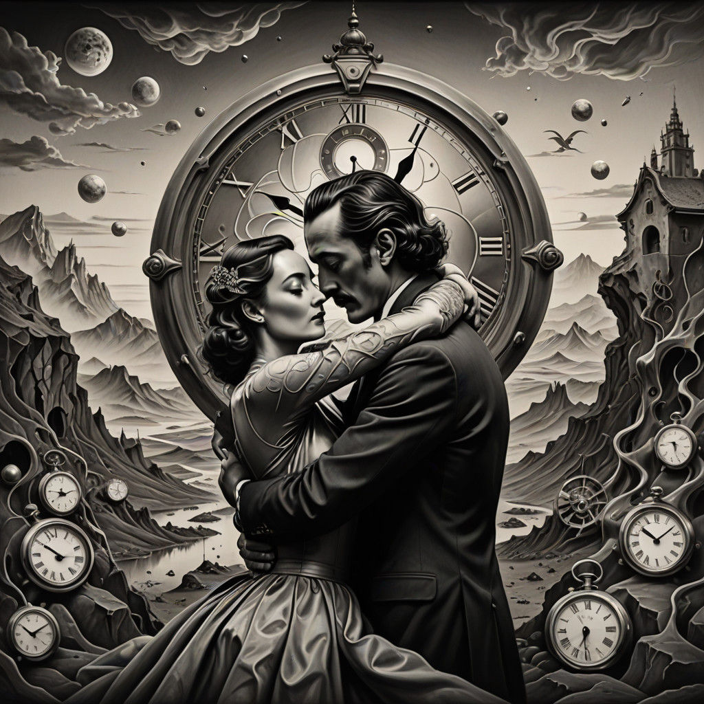 Couple Lost in a Dreamlike Landscape of Melting Clocks