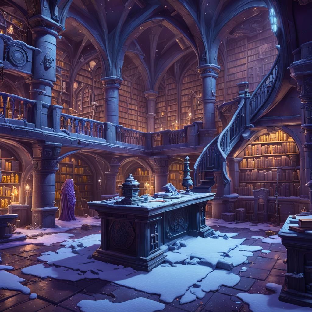 Frozen Castle Lab Filled with Books: Dark Fantasy Art
