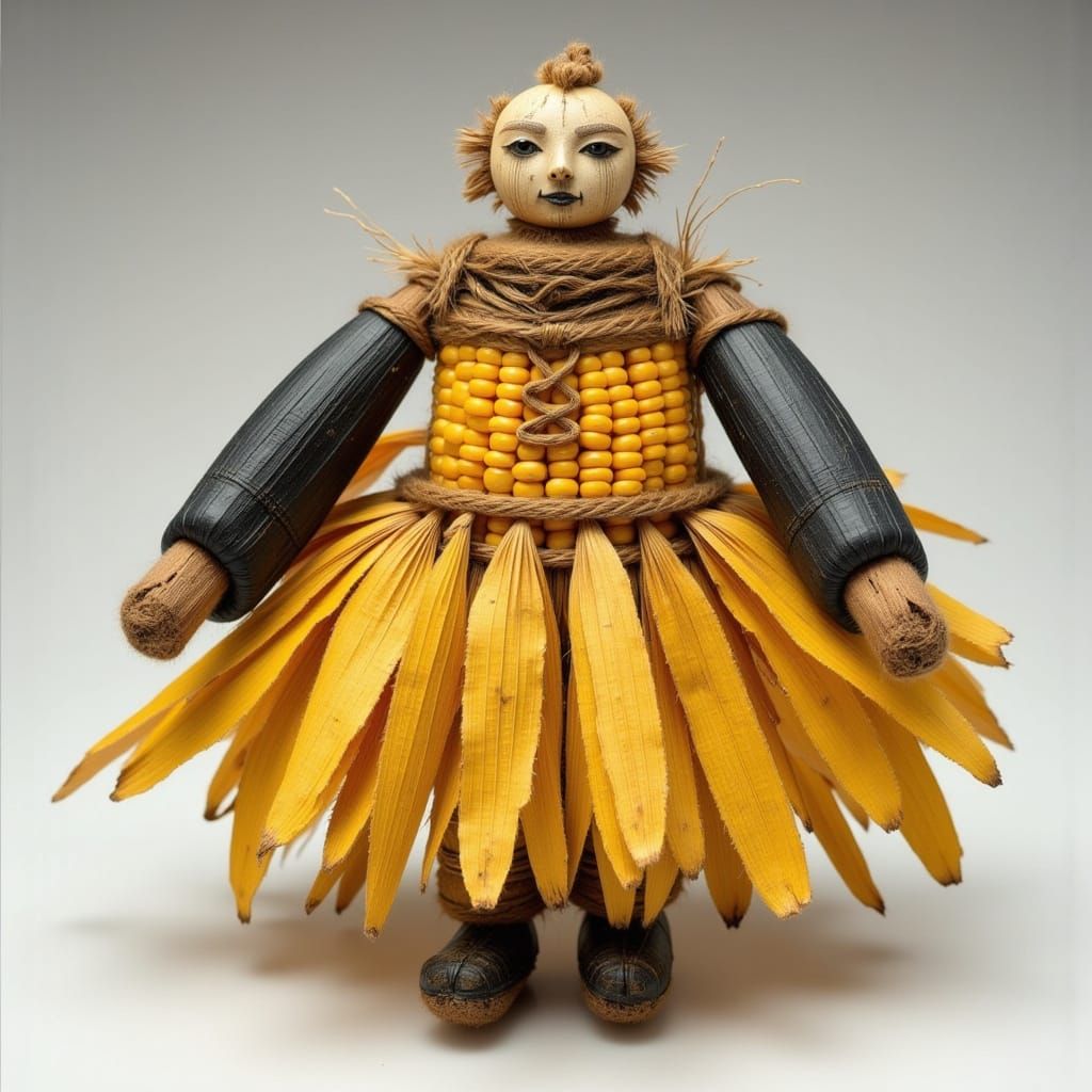 Corn Husk Doll with Pebble Face as Watercolor Painting