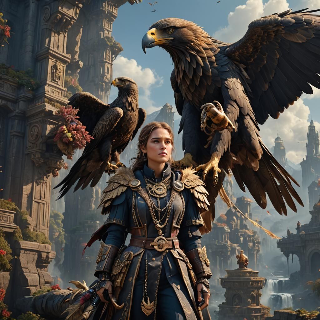 Woman in Chanel with Eagle: Detailed Matte Painting