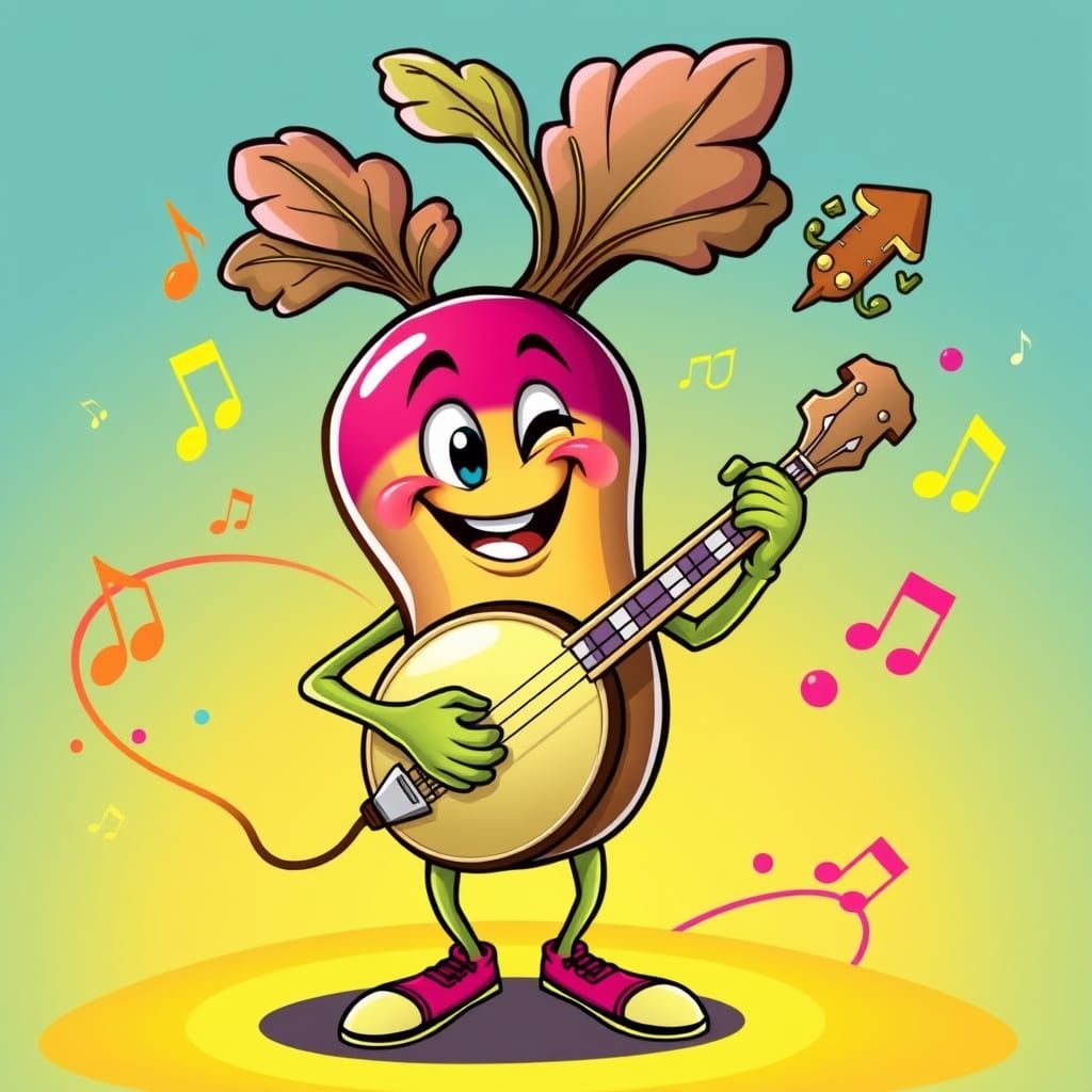 Vibrant Cartoon Radish Rocks Banjo in Swirling Musical Chaos