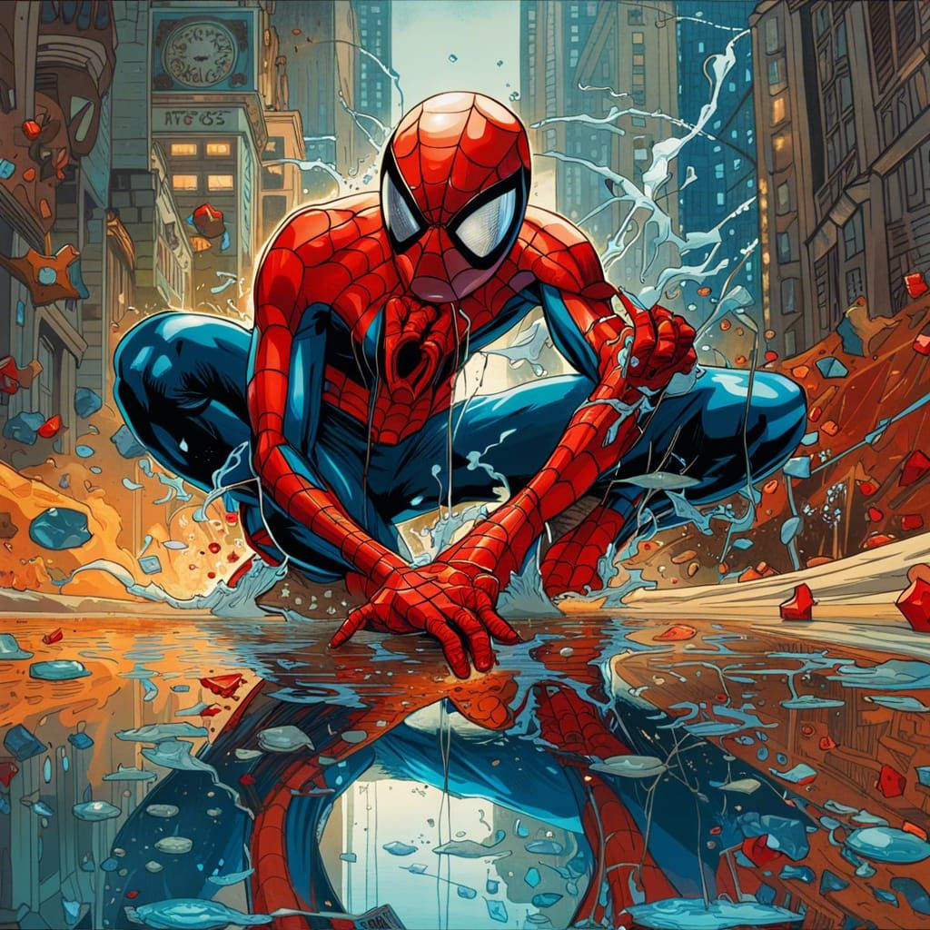 Hyperrealistic Spiderman Reflects in Mirrored Water