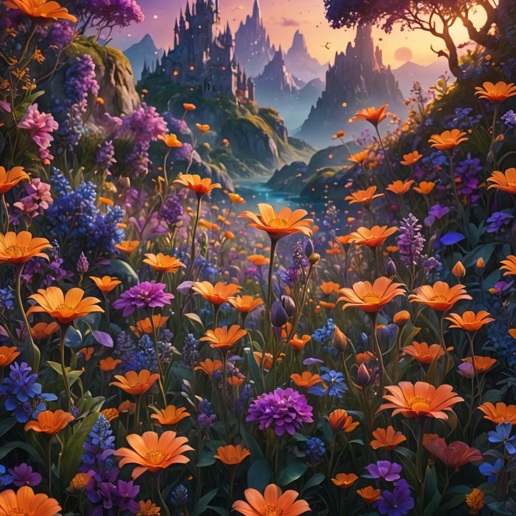 Lush Surreal Landscape with Glowing Flowers