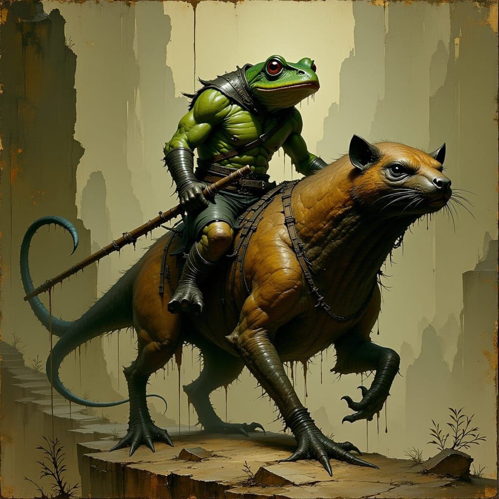 Frog-Goblin Rides Wolverine in Dark Fantasy Scene