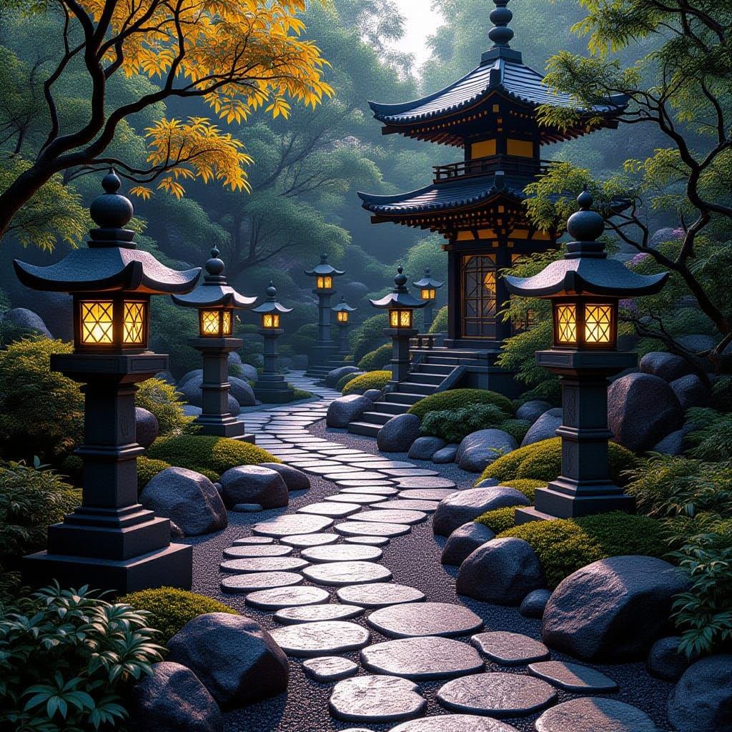 Japanese Garden Stone Lanterns in Volumetric Light