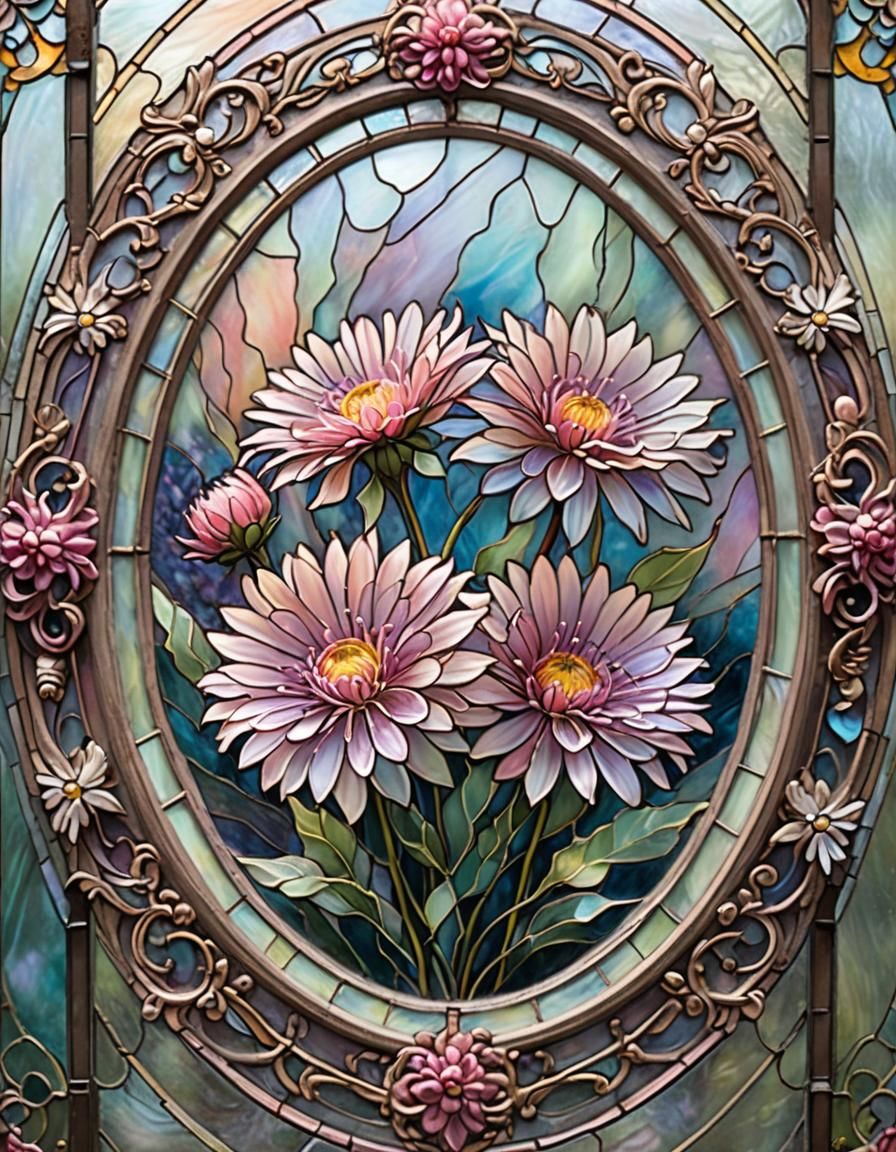 Dreamlike Stained Glass Pink Aster Flower Art