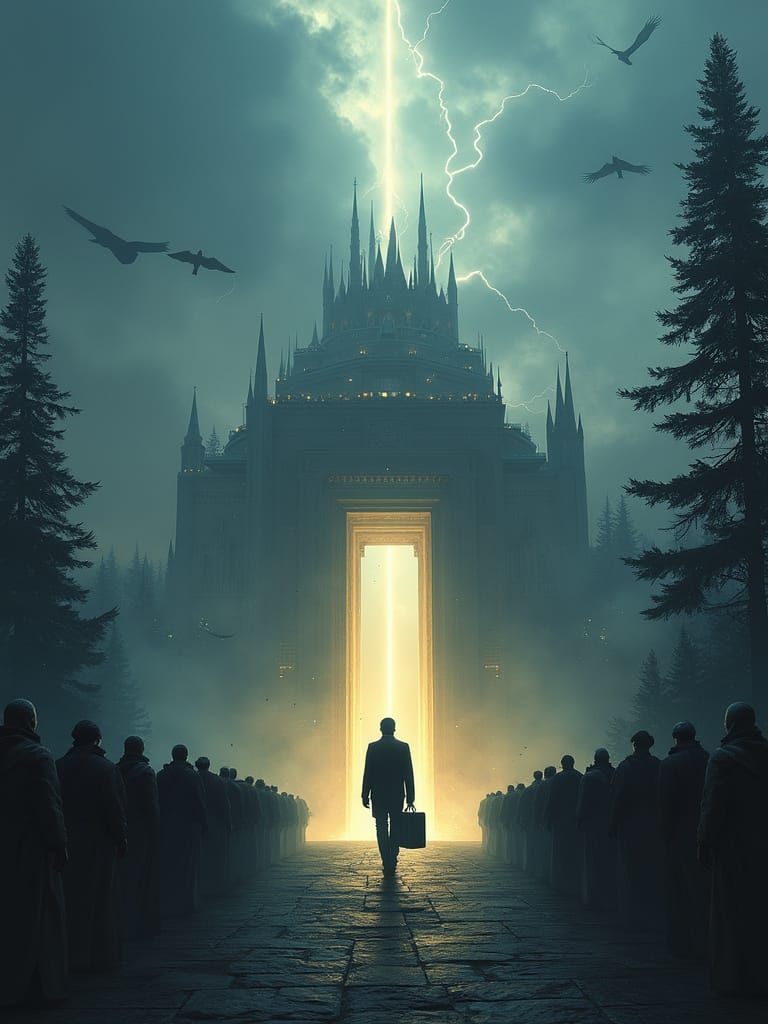 Dystopian Figure Walks Towards Illuminated Archway