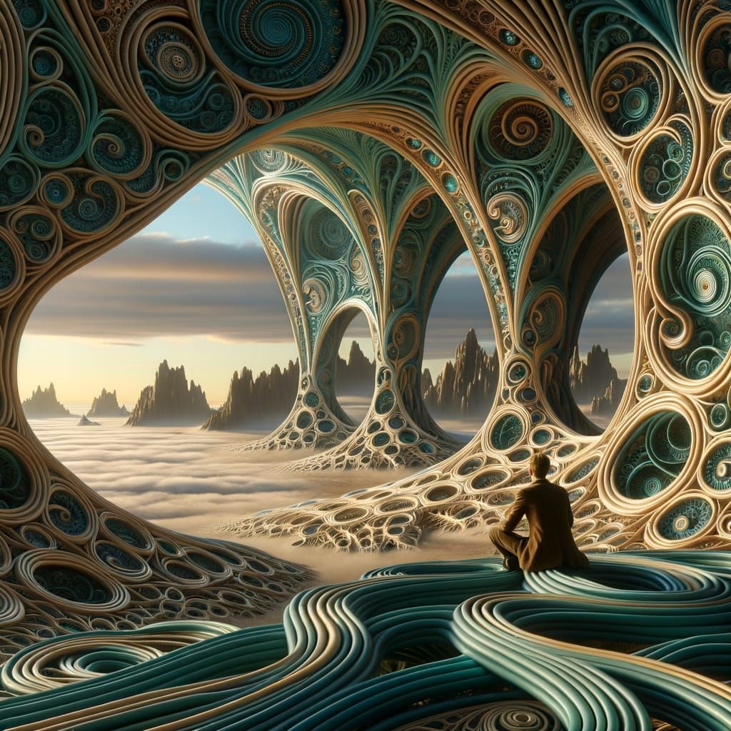 Surreal Landscape With Arches and Golden Patterns