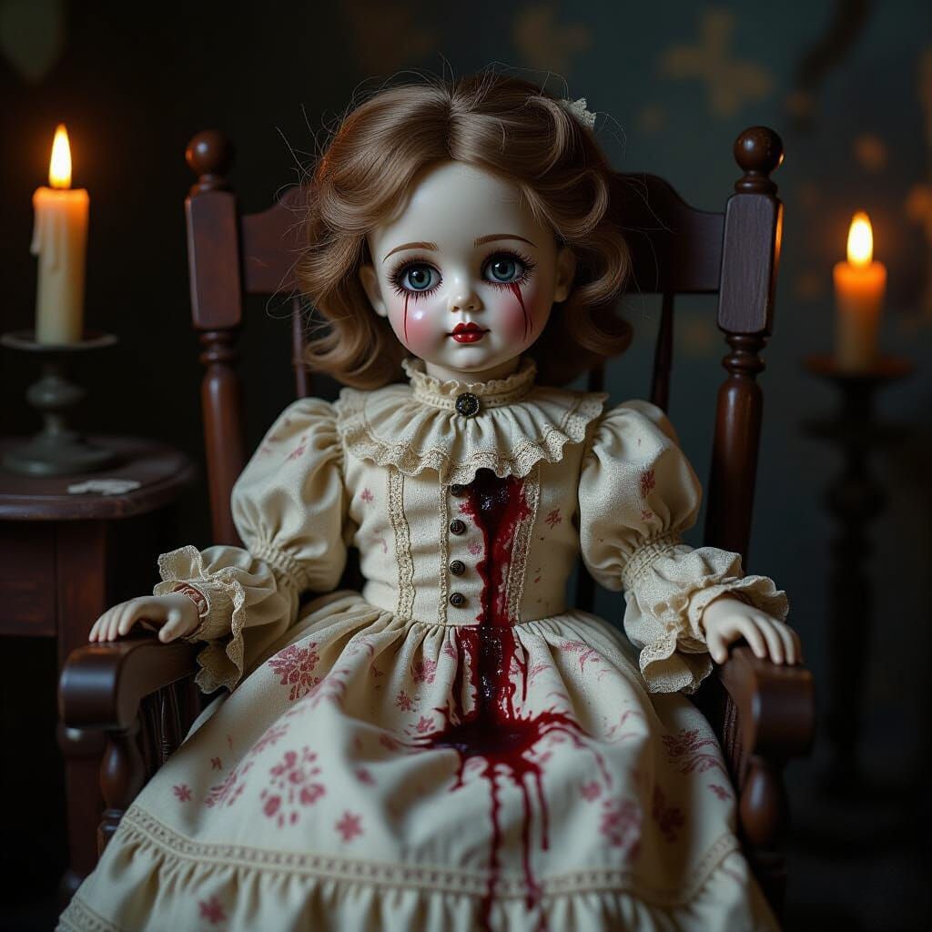 Bleeding Porcelain Doll in Eerie Candlelight