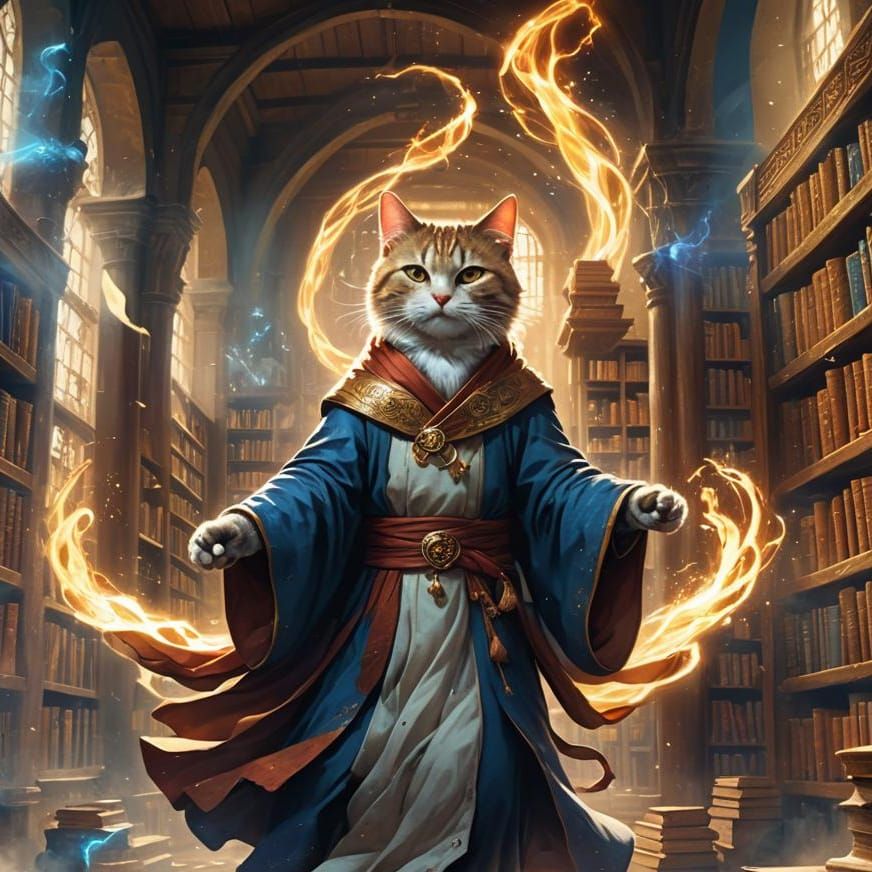 Epic Cartoon Cat Wizard in Library