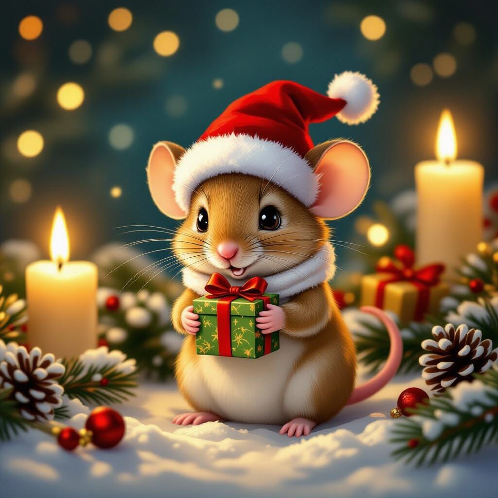 Whimsical Christmas Mouse with Santa Hat and Present