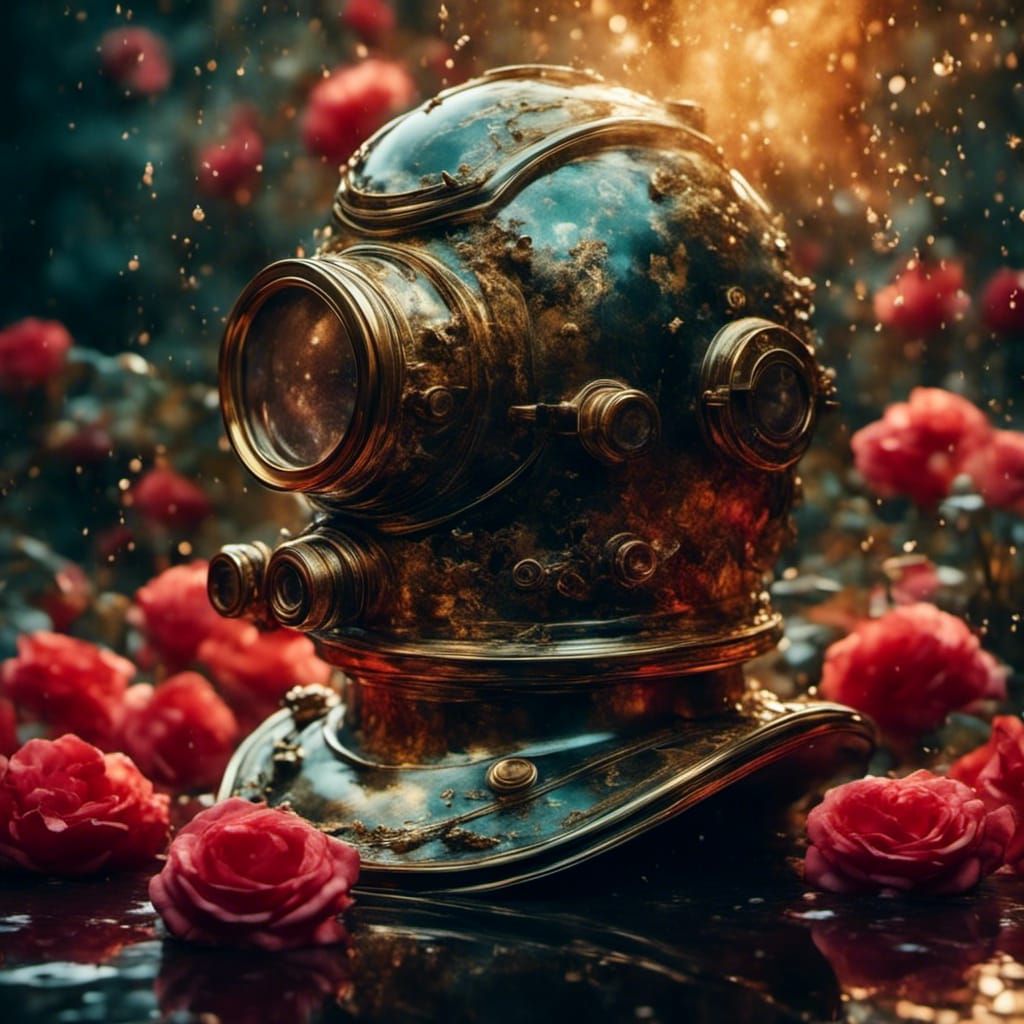 Brass Diver's Helmet in Fiery Rose Garden