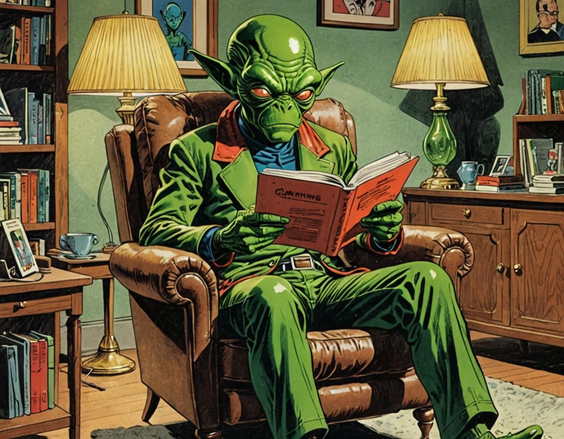 A bulbous-headed green alien sitting in a recliner in a human livingrooom, reading a book next to a lamp.  Curt Swan and...