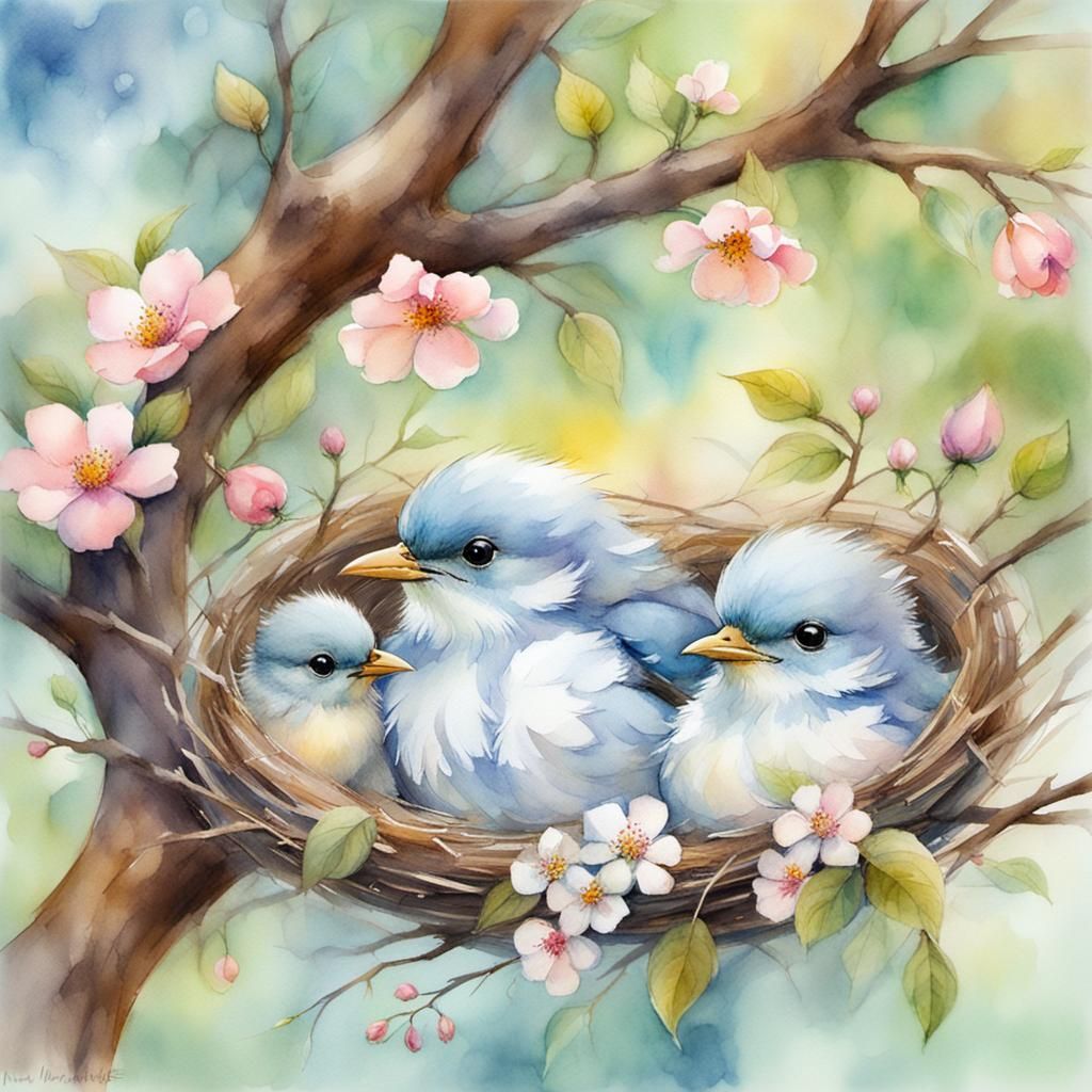 Cute Baby Birds Watercolor in Ethereal Style
