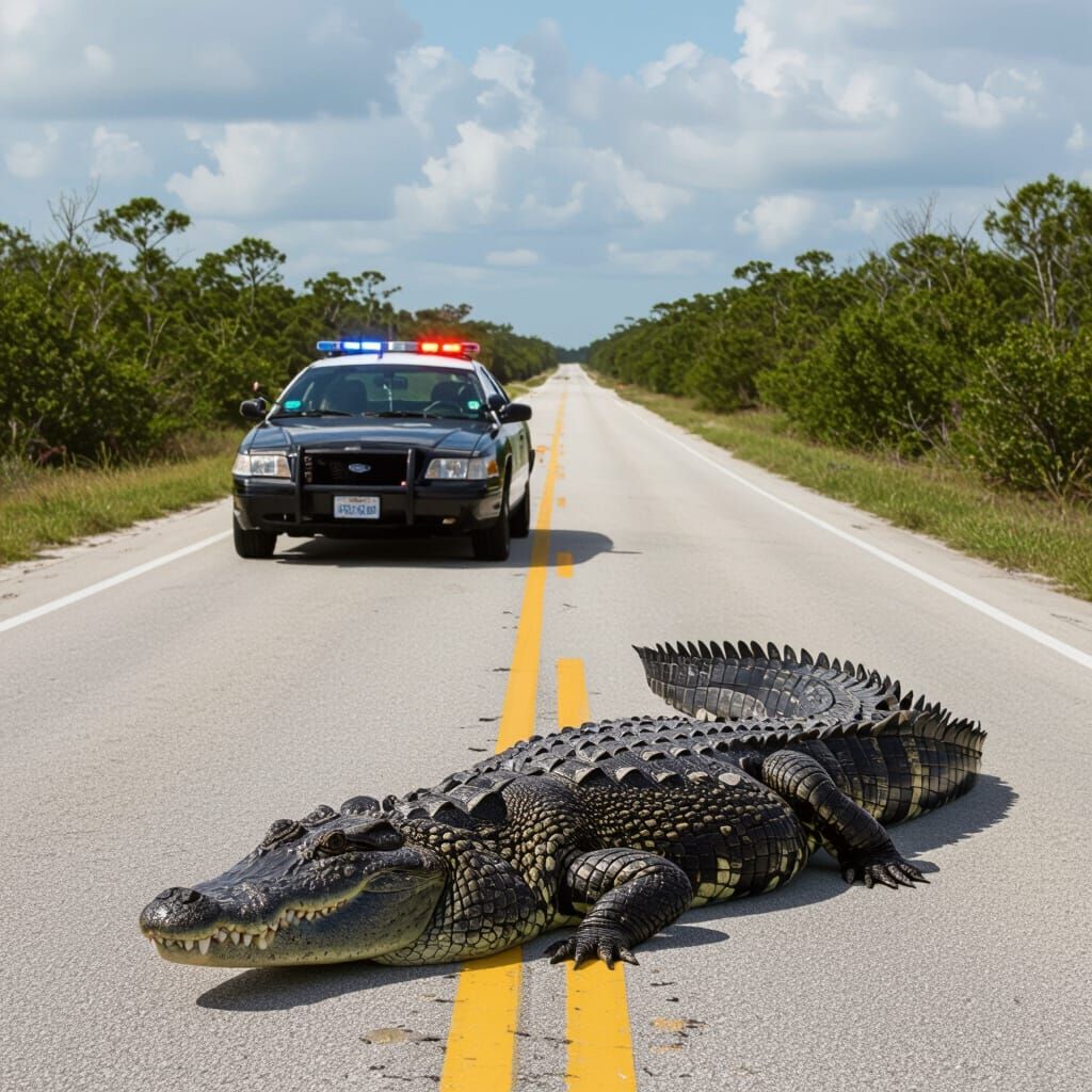 Police Car Chases Alligator in Florida Everglades
