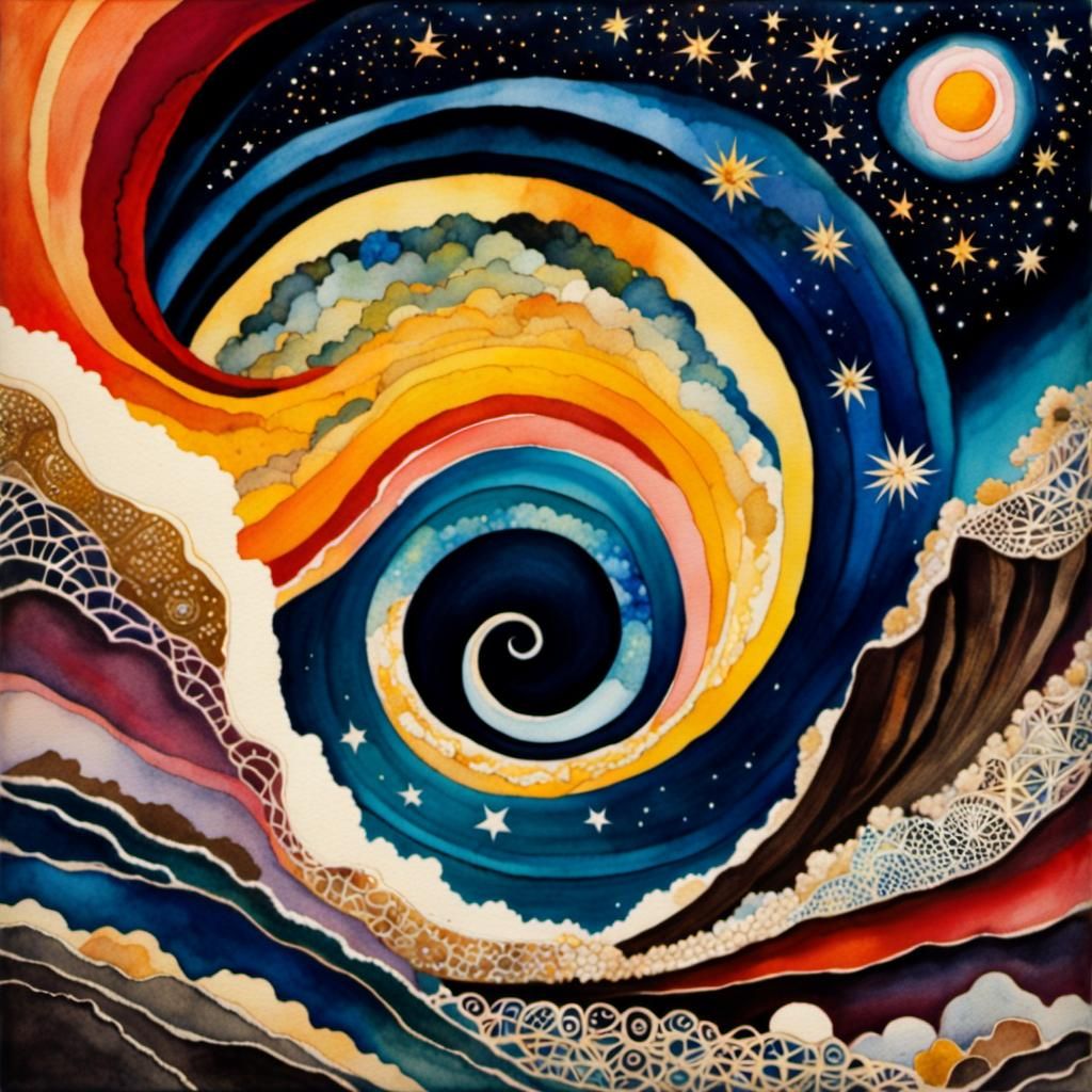 Spiral Jetty Land Art in Watercolor with Starry Sky