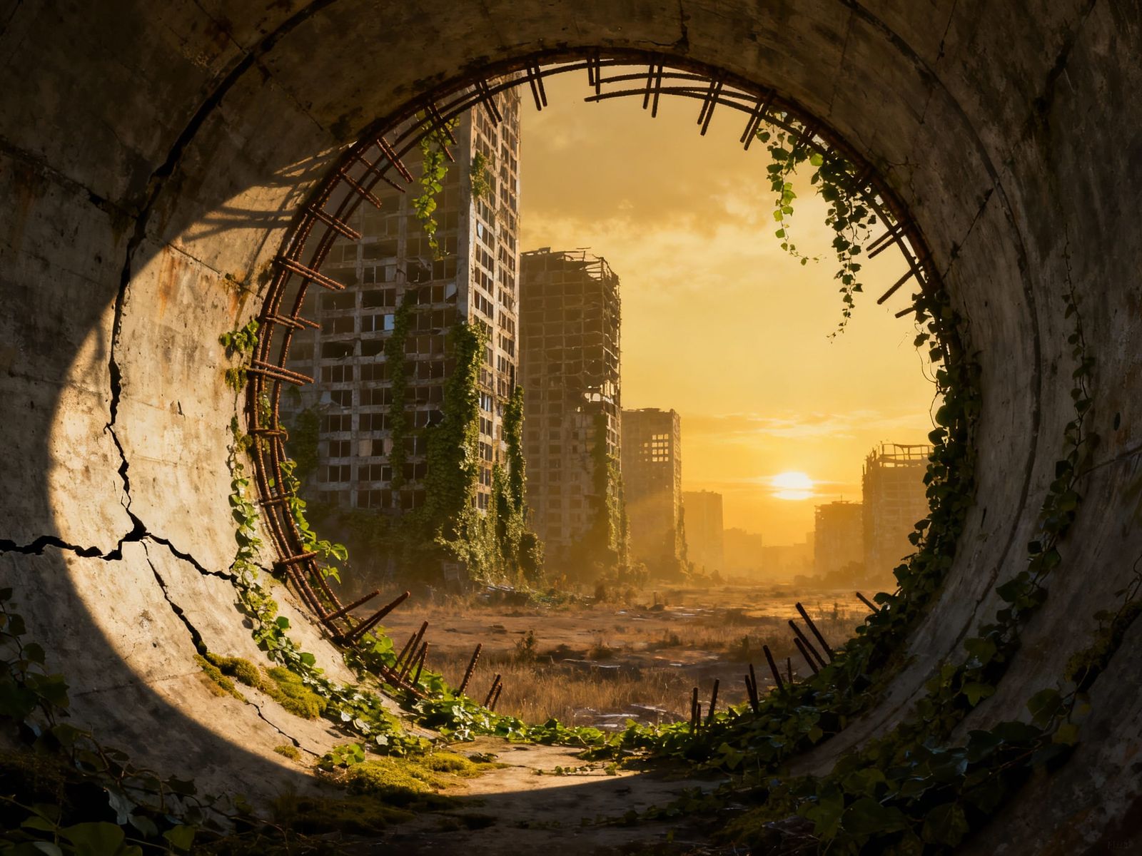 Post-Apocalyptic Tunnel Entrance with Skeletal Cityscape